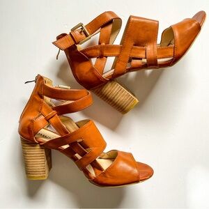 3” chunky heel tan strappy sandal, size 8.5
